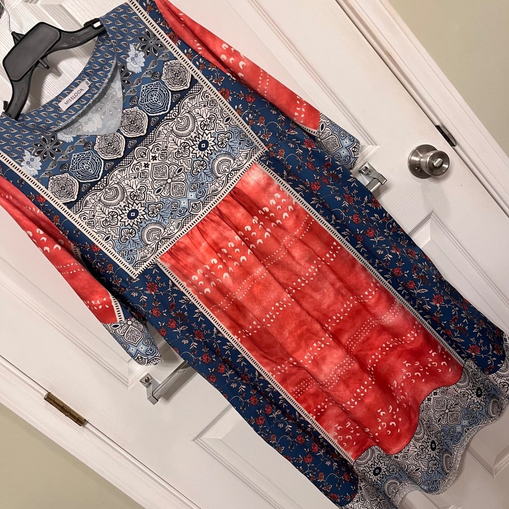 Misslook Womens XL Boho Mixed Print Floral Paisley V-Neck Midi Dress Blue Red